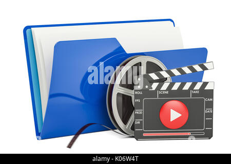 Blue computer Ordnersymbol mit Filmrolle und Klappe, 3D-Rendering Stockfoto