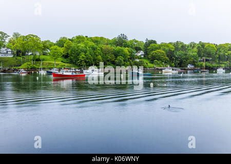 Rockport, USA - Juni 9, 2017: Leere Marina Hafen in einem kleinen Dorf in Maine bei Regen mit Booten Stockfoto