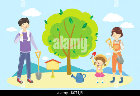 Harmonische Familie einen Baum pflanzen Stockfoto