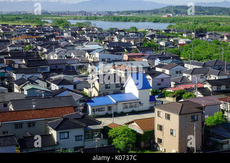 Sakata, Japan - 19. Mai 2017. Luftaufnahme von Sakata Stadt am sonnigen Tag im Tohoku, Japan. Sakata ist eine Stadt in der Präfektur Yamagata in der Tohoku Stockfoto