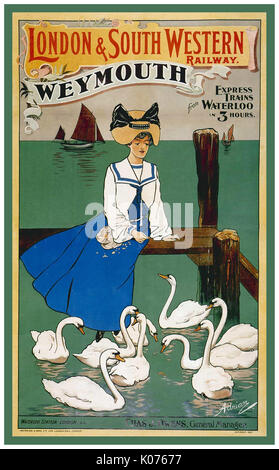 1920 Vintage Retro Poster für die London and South Western Railway für Zugfahrt von Waterloo zu Weymouth, Großbritannien Stockfoto