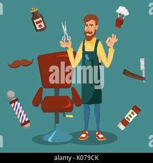 Süße Friseur Vektor. Cartoon Happy Hipster Friseur Mensch. Professionelle Friseur bereit zu einem modischen Haarschnitt. Isolierte Abbildung. Stock Vektor