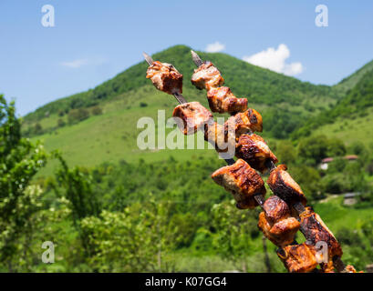 Shish Kebab gegen Kaukasus, Georgien Stockfoto