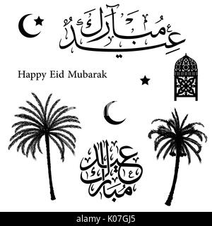 Einstellen der Muslimischen traditionellen Urlaub. Eid Mubarak, traditionelle arabische Kalligraphie, Termine baum Crescent, Stern und Laterne - Vector Illustration Stock Vektor