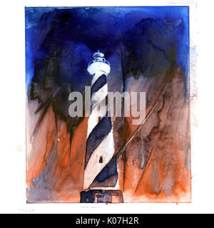 Kunst Aquarell, das auf YUPO synthetisches Papier von Cape Hatteras Leuchtturm - Outer Banks, North Carolina. Leuchtturm Malerei OBX. Stockfoto