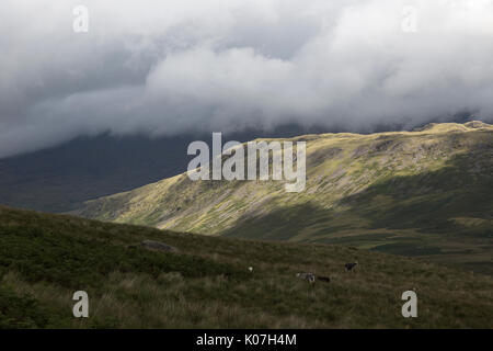 Ein Patch von Sonnenlicht aus der Kante der Großen wie, gesehen von den Hügeln über Boot (Eskdale), mit Sca fiel darüber hinaus, durch Wolken und Schatten verdeckt Stockfoto