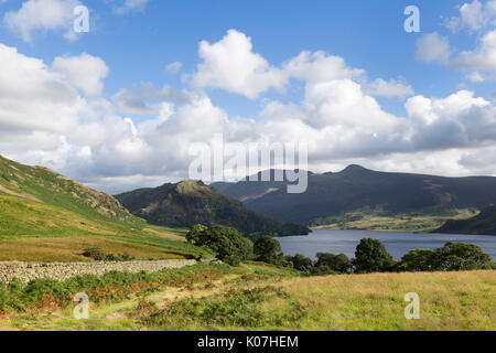 Crummock Water-süd-östlich über die Wiesen neben hohen Holz, in Richtung Rannerdale Knotts und die Berge dahinter, Lake District, Cumbria, Großbritannien Stockfoto