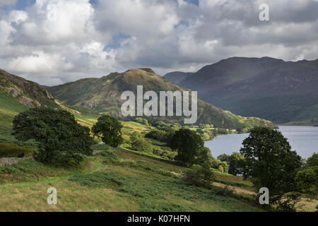 Crummock Water-süd-östlich über die Wiesen neben hohen Holz, in Richtung Rannerdale Knotts und die Berge dahinter, Lake District, Cumbria, Großbritannien Stockfoto