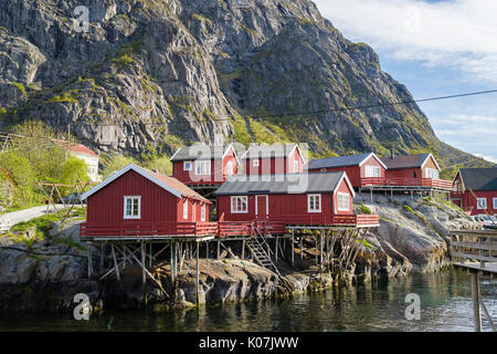 Der rote hölzerne Rorbuer Fischerhütten und Gebäude auf Stelzen im Fischerdorf Å, Moskenes, Insel Moskenesøya, Lofoten, Norwegen