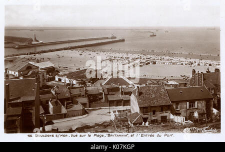 Boulogne-sur-Mer - Strand, Britannia Statue und Hafeneingang Stockfoto