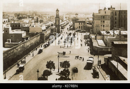 Luftaufnahme der Place de France, Casablanca, Marokko, mit dem Hotel Excelsior auf der rechten Seite. Datum: ca. 1930 Stockfoto