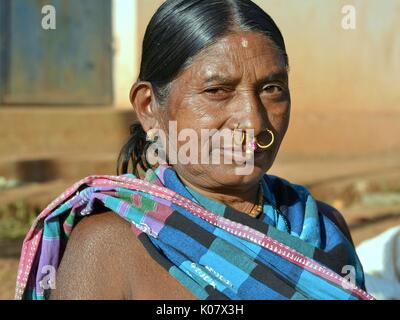 Ältere indische Adivasi-Frau mit zwei goldenen Nasenringen, kostbarem Gold- und Edelsteinnasenschmuck und Ohrringen aus Stammes für die Kamera. Stockfoto