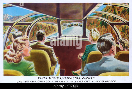 Personen, die einen Urlaub im Vista Dome der California Zephyr Zug, Chicago, Denver, Salt Lake City und San Francisco, USA. Datum: 1950 Stockfoto