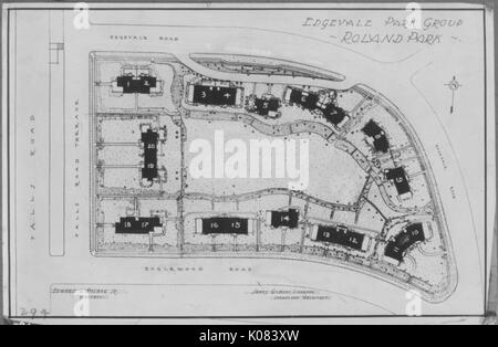 Skizze des Edgevale Park Group, mit Zwanzig Gebäude entlang der Falls Road Terrasse gelegen, Englewood Straße, und Edgevale Road, in der Roland Park, Baltimore, Maryland, 1910. Dieses Bild wird von einer Reihe dokumentieren den Bau und den Verkauf von Wohnungen in der Roland Park/Guilford Nachbarschaft von Baltimore, einer Straßenbahn Vorort und eines der ersten geplanten Gemeinschaften in den Vereinigten Staaten. Stockfoto