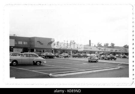 Foto der Parkplatz für die Northwood Shopping Center in Baltimore, Maryland, mit Autos und kommerziellen Gebäuden wie Liest, S S Kresge Firma, und Sänger, Baltimore, Maryland, 1951. Stockfoto