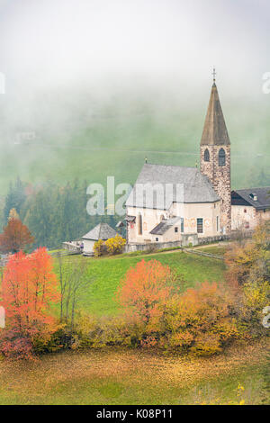 Kirche durch die herbstlichen Bäume und Nebel umgeben. Santa Maddalena, Funes, Bozen, Trentino Alto Adige, Südtirol, Italien, Europa. Stockfoto