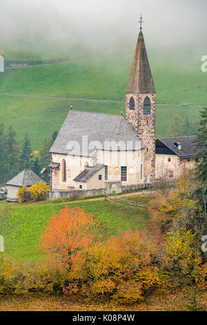 Kirche durch die herbstlichen Bäume und Nebel umgeben. Santa Maddalena, Funes, Bozen, Trentino Alto Adige, Südtirol, Italien, Europa. Stockfoto