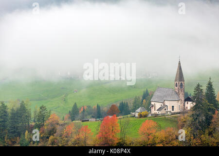 Kirche durch die herbstlichen Bäume und Nebel umgeben. Santa Maddalena, Funes, Bozen, Trentino Alto Adige, Südtirol, Italien, Europa. Stockfoto