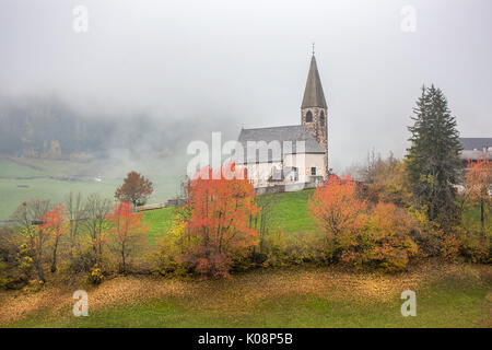 Kirche durch die herbstlichen Bäume und Nebel umgeben. Santa Maddalena, Funes, Bozen, Trentino Alto Adige, Südtirol, Italien, Europa. Stockfoto