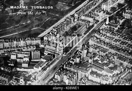 Luftaufnahme von Madame Tussauds Wachsmuseum und der U-Bahnstation Baker Street, Marylebone Road, London. um 1910 Stockfoto