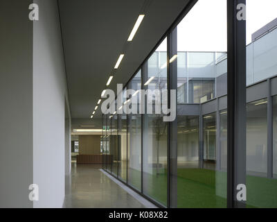 Glasierte Korridor mit Innenhof in Richtung Eingang Lobby. Museum Folkwang, Essen, Deutschland. Architekt: David Chipperfield Architects Ltd., 2010. Stockfoto