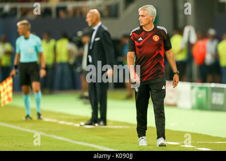 Skopje, FYROM - August 8,2017: Manchester United Trainer Jose Mourinho während der UEFA Super Cup Finale zwischen Real Madrid und Manchester United ein Stockfoto