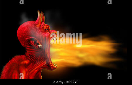 Satan Flammen auf schwarzem Hintergrund als Dämon brandkatastrophe als creepy scary Rot gehörnten satanischen Beast monster Ausatmen heiß brennende Fackel. Stockfoto
