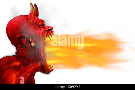 Daemon Feuer Flamme auf einem weißen Hintergrund als creepy scary Rot gehörnten satanischen Beast monster Ausatmen heißen Flammen als Halloween. Stockfoto