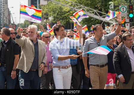 Montreal, Kanada - 20 August 2017. Kanadische Premierminister Justin Trudeau und Irland Premierminister Leo Varadkar Teil in Montreal Pride Parade nehmen. Stockfoto