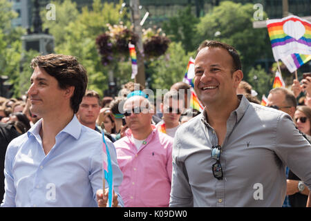 Montreal, Kanada - 20 August 2017. Kanadische Premierminister Justin Trudeau und Irland Premierminister Leo Varadkar Teil in Montreal Pride Parade nehmen. Stockfoto