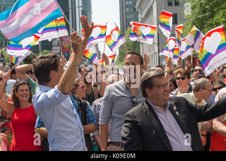 Montreal, Kanada - 20 August 2017. Kanadische Premierminister Justin Trudeau, Montreal Bürgermeister Denis Coderre und Irlands Premierminister Leo Varadkar nehmen p Stockfoto