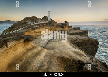 Sonnenaufgang am Castlepoint Leuchtturm, Wairarapa, Neuseeland. Stockfoto