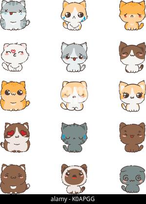 Cute Cartoon, Katzen und Hunde mit unterschiedlichen Emotionen. Aufkleber Sammlung. Vektor einrichten von Doodle Emoji und Emoticons. Stock Vektor