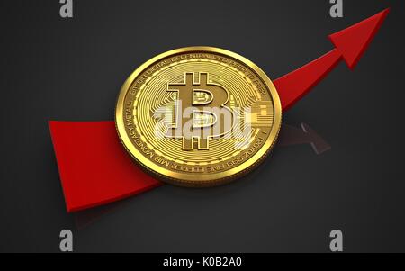 3D-Darstellung der bitcoin über schwarzen Hintergrund mit Pfeil nach oben Stockfoto