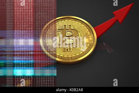 3D-Darstellung der bitcoin über schwarzen Hintergrund mit Pfeil nach oben Stockfoto