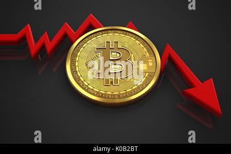 3D-Darstellung der bitcoin über schwarzen Hintergrund mit Ausfall Diagramm Stockfoto