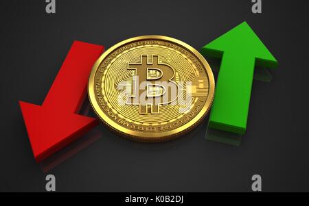 3D-Darstellung der bitcoin über schwarzen Hintergrund mit Auf- und Abwärtspfeil Stockfoto