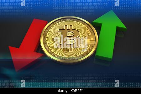3D-Darstellung der bitcoin über schwarzen Hintergrund mit Auf- und Abwärtspfeil Stockfoto
