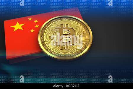 3D-Darstellung der bitcoin über schwarzen Hintergrund mit China Flagge Stockfoto
