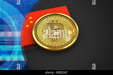 3D-Darstellung der bitcoin über schwarzen Hintergrund mit China Flagge Stockfoto
