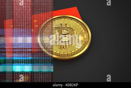 3D-Darstellung der bitcoin über schwarzen Hintergrund mit China Flagge Stockfoto