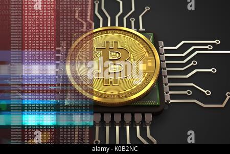 3D-Darstellung der bitcoin über schwarzen Hintergrund mit CPU Stockfoto