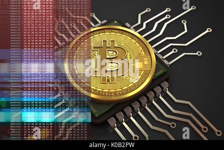 3D-Darstellung der bitcoin über schwarzen Hintergrund mit computer Chip Stockfoto
