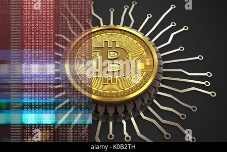 3D-Darstellung der bitcoin über schwarzen Hintergrund mit integriertem Chip Stockfoto