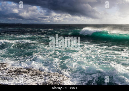 Licht durch brechende Welle mit Stand up paddleboarder im Hintergrund, lange Riff, Northern Beaches, Sydney, NSW, Australien glänzenden Stockfoto