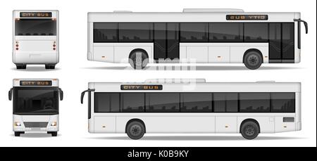 Realistische City Bus Vorlage auf weißem Hintergrund. Passagier City Transport für Werbung Design. Busunternehmen mockup Seite, von vorne und von hinten. Vector Illustration. Stock Vektor