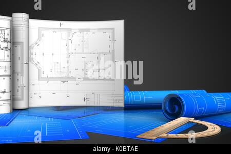 3D-Illustration Winkelmesser mit Zeichnungen auf schwarzem Hintergrund Stockfoto