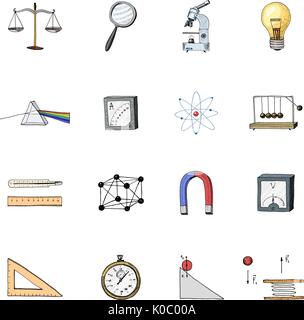 Kompass und Magnet, Alpelmet mit Thermometer und Mikroskop. gravierte handgezeichnete in alten Skizze und Vintage Symbole Berechnung in der Physik zurück zu Schule Element of Science und Labor Experimente. Stock Vektor