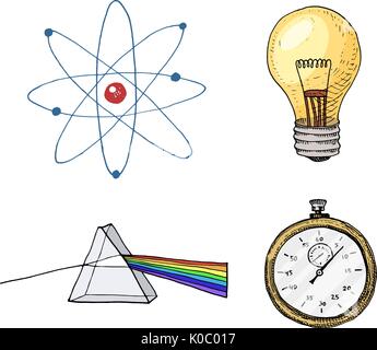 Atom und Prisma, Glühbirne und Kompass. graviert Hand in alte Skizze und vintage Symbole gezeichnet. Berechnungen Physik Zurück zur Schule der Wissenschaft und Laborexperimente. Stock Vektor