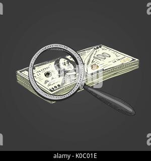Lupe mit Geld. graviert Hand in alte Skizze und vintage Symbole gezeichnet. Prüfung der Echtheit der Dollar. Stock Vektor